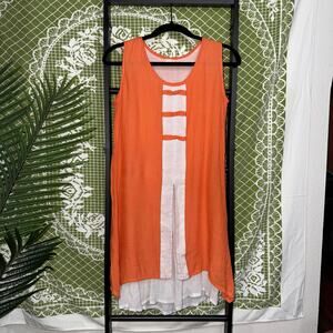 Vintage Burnt Orange Linen Layered Tunic Dress Frog Knot Lagenlook